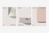 Three Busch & Takasaki architects postcards featuring various building materials in a minimalistic style