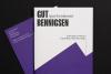 Photo of a promotional brochure for Gut Bennigsen showing the upper parts of its front and back cover pages on a black background. The front cover is mostly white with a purple geometric shape and smaller text and the Gut Bennigsen logo in the upper left corner. The back cover is mostly purple with address info written in white type.