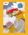 Top down photo of a poster for the HABA Cars products showing an illustration of a red cartoony car bursting through clouds.