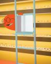 Herr Menig retail glasses display mockup including amorphus orange character smiling and peeking out from behind a mirror wearing glasses