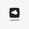 Leonardo logo in black. White negative space cloud shape inside a rounded square with the wordmark for "Leonardo"