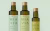 Mia Via Brand Identity Packaging Design featuring three bottles of olive oil on a green background