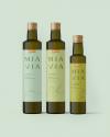 Mia Via packaging design featuring three bottles of olive oil in various shades of green