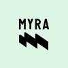 Myra Logo wordmark and secondary illustration in black on a light green background
