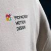 picpacker motion design crewneck front pocket logo, photographed on a model