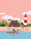Supporting flat vector style illustration of a European landscape featuring a pink sky, a traditional style building, a lighthouse and a lake in the foreground with a small boat