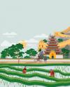 Supporting flat vector style illustration of a ricefield landscape featuring the great wall of china, a traditional style building building, a man carrying products on a bicycle and farmers harvesting rice in the foreground