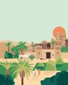 Supporting flat vector style illustration of a desert landscape featuring a traditional style buildings among palm trees and a background of sand dunes.
