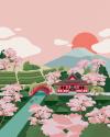 Supporting 'Pure Tea' flat vector style illustration of a Japanese landscape featuring a pink sky and pink cherry blossom trees among a landscape of a traditional style building and a bridge over a river with a mountain hiding an orange sun behind it.