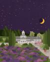Supporting flat vector style illustration of a nighttime European landscape featuring a traditional style building, a purple background of the night sky decorated with stars and a crescent moon. Columnar trees surround the building and the foreground is filled with a garden of purple flower bushes.