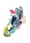 Abstract illustration featuring a silhouette of a face in profile, layered with watercolor-style brushstrokes and shapes in various colors. Shades of blue, green, beige, and hints of red are blended and overlapped.